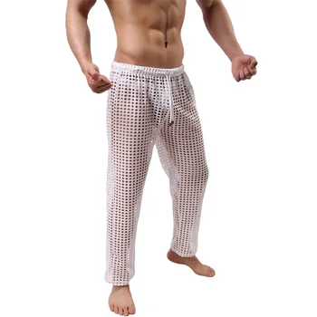 LOSIBUDSA Мужские сексуальные сетчатые ажурные длинные брюки с эластичным мышечным прозрачным шнурком Брюки для сна