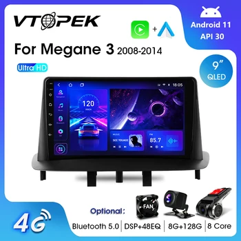 Vtopek 2Din QLED 4G Android 11 Автомобильный Радио Мультимедийный Видеоплеер Для Renault Megane 3 2008-2014 GPS Навигационное Головное Устройство Carplay
