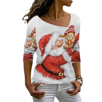 Женская футболка, элегантный Новый Рождественский дизайн с цифровым 3D принтом, повседневная весенне-осенняя женская одежда с длинным рукавом и круглым вырезом, стрейч