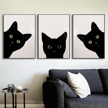 Картины на холсте с милым черным котом, плакаты с животными, минималистичные портретные настенные рисунки для гостиной, спальни, украшения дома