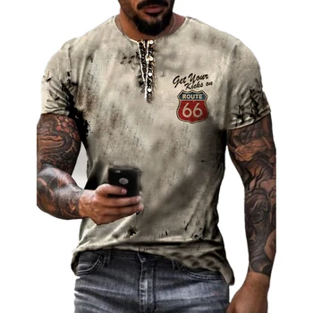Летние футболки в уличном стиле, мужская мода, футболка с надписью America Route 66, футболка с 3D принтом, винтажная мужская одежда с коротким рукавом