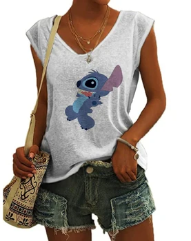 Модная новая летняя универсальная футболка Disney с V-образным вырезом и короткими рукавами, повседневная женская футболка, свободный топ с короткими рукавами