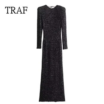 Накладные плечи TRAF, Длинные платья для женщин 2023, Модное платье с открытой спиной с блестками, женская одежда с длинными рукавами, Элегантные вечерние платья