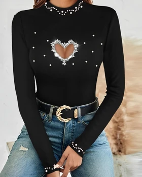 Облегающий женский пуловер 2023, новинка, хит продаж, модный Сексуальный облегающий Полый топ с длинными рукавами, расшитый бисером