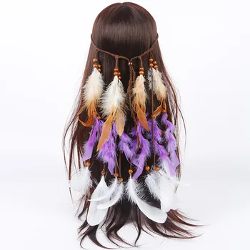 Повязка на голову из перьев в стиле бохо для женщин, аксессуары для волос ручной работы, тюрбан из павлиньих перьев, женские резинки для волос на резинках для волос