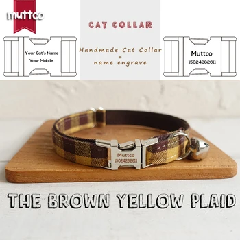 Розничная продажа MUTTCO, ошейник для кошек с металлической пряжкой ручной работы и гравировкой, базовый воротник из двойной ткани в коричнево-желтую клетку, 2 размера UCC067